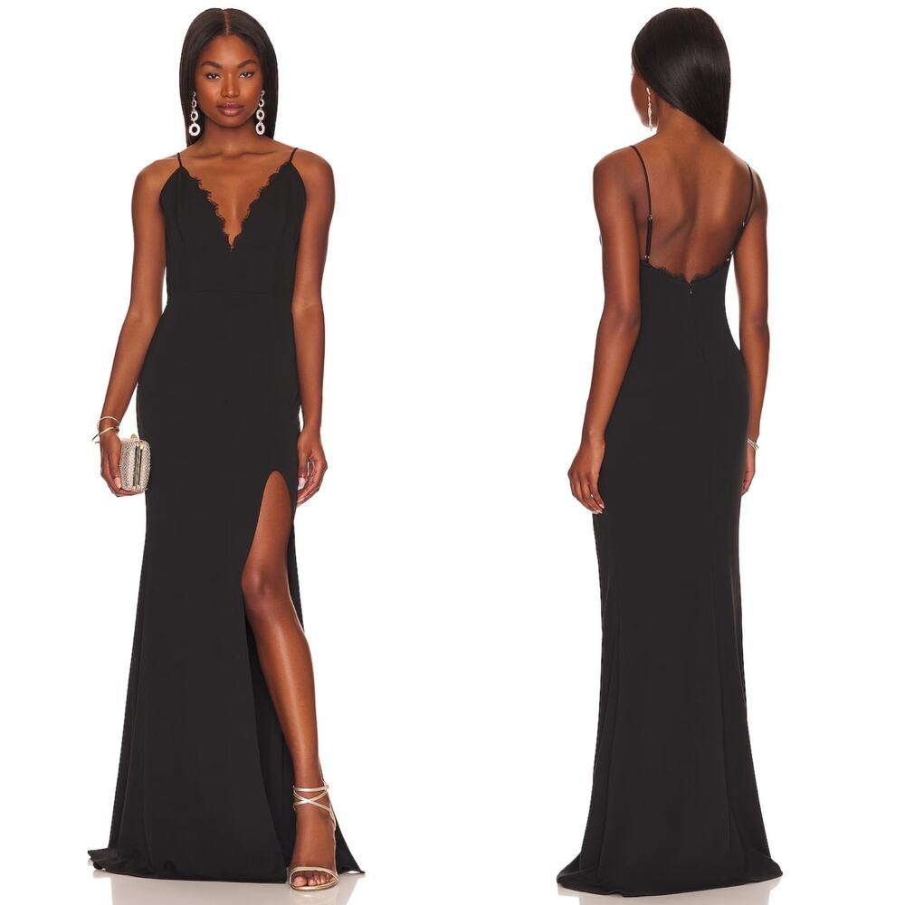 Katie‎ May Saylor Feathered V-Neck Gown Black